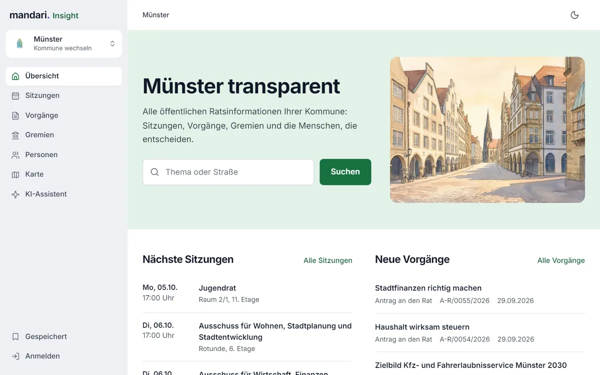 mandari Insight für Münster: Suche in den Ratsinformationen, kommende Sitzungen und neueste Vorgänge der Stadt