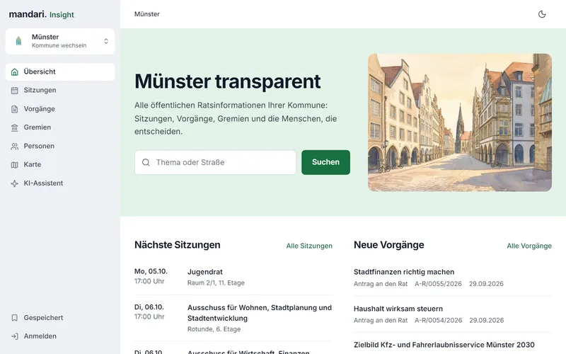 mandari Insight für Münster: Suche in den Ratsinformationen, kommende Sitzungen und neueste Vorgänge der Stadt